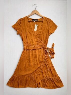 Francesca’s Blue Rain Rust Orange Faux Wrap Dress Elastic Waist Ruffle Hem Boho